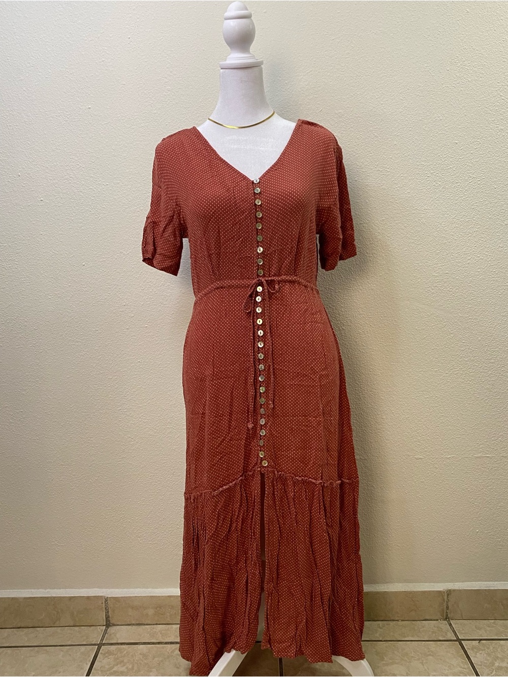 Wild Moss Terracotta Maxi Dress M White Polka Dot V-Neck Drawstring Cottagecore